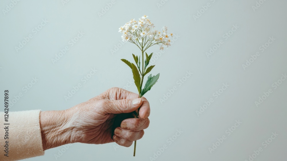 Delicate Hand Holding a Small White Flower Against Soft Background Delicate Hand Holding a Small White Flower Against Soft Background