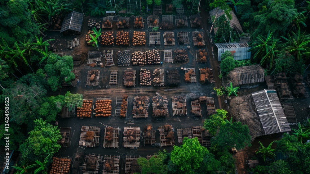 Fototapeta premium Aerial View of Lumberyard: An aerial shot reveals a bustling lumberyard nestled amidst lush green tropical foliage. Stacks of neatly organized lumber are spread across the yard.