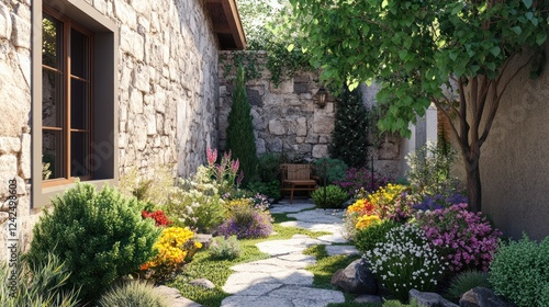 Stone house courtyard garden path flowers landscaping design