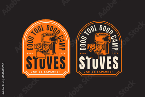 furnace portable with firewood retro badge logo vector design collection set for camping, outdoor, mountaineer, adventure camping stove, fireplace with cord wood vintage illustration element design.