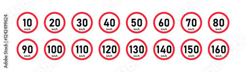 Maximum Speed Limit Signs Vector Set, Traffic Safety Design.