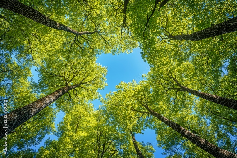 Spring forest canopy, upward view, blue sky, nature, environmental poster Spring forest canopy, upward view, blue sky, nature, environmental poster