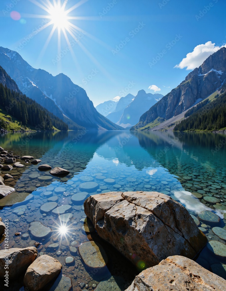 Naklejka premium Deep blue alpine lake glistening under the bright midday sun.