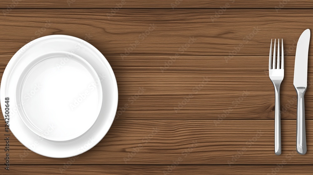 White plate with fork and knife on a top view against a wooden background with copy space for text White plate with fork and knife on a top view against a wooden background with copy space for text