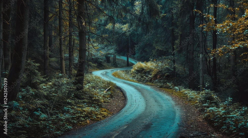 Fototapeta premium Winding Road Through a Dense Forest Inviting Adventure and Exploration