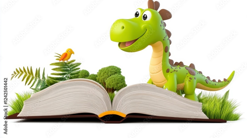 Fototapeta premium Colorful Cartoon Dinosaur with Open Book and Nature Elements