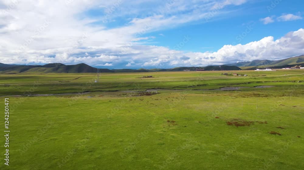 4k aerial video of lush green plains and rolling hills in Tibet under a clear blue sky 4k aerial video of lush green plains and rolling hills in Tibet under a clear blue sky