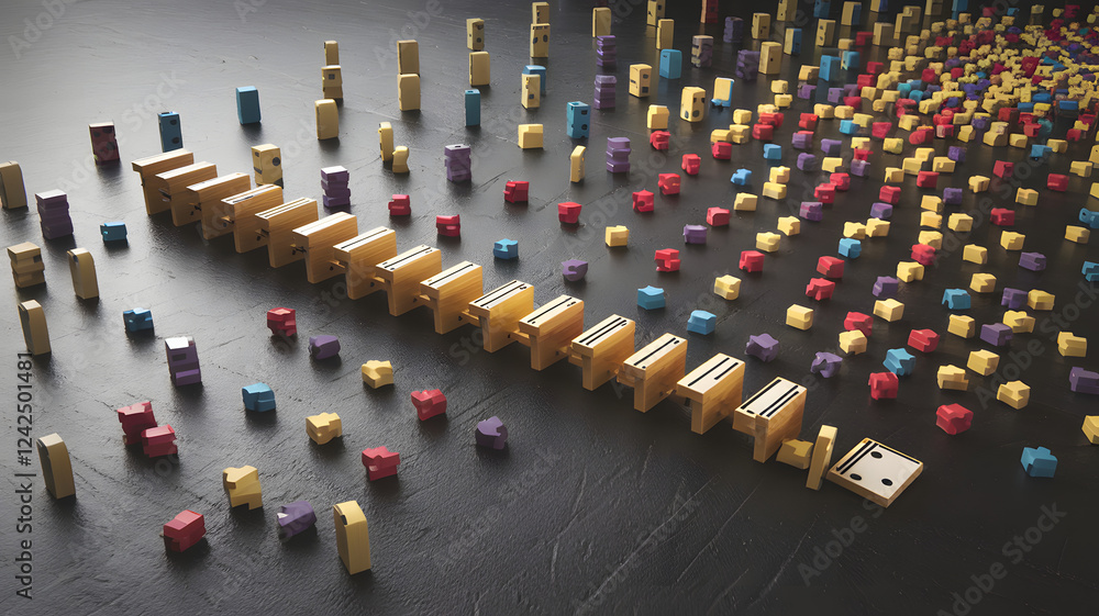 Obraz premium A single domino setting off a beautiful cascade of colorful energy.