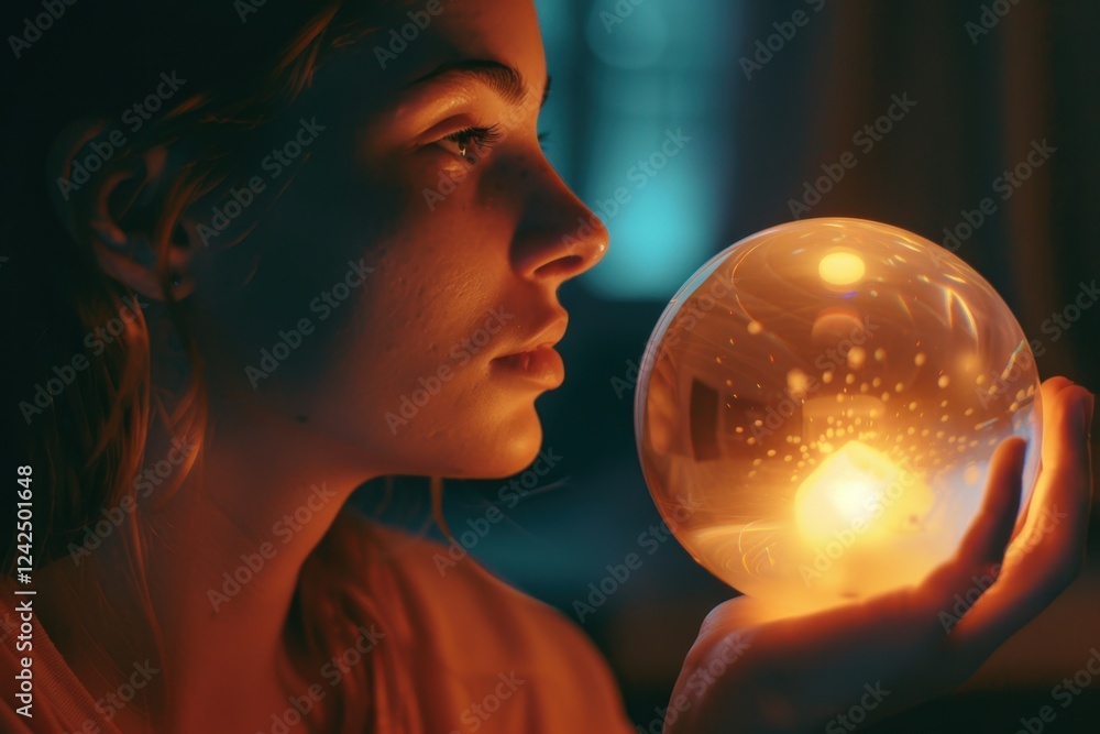 Naklejka premium A woman mesmerized by a glowing orb in soft light