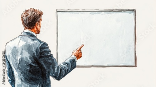 Person in Blue Suit Pointing at Blank Whiteboard Watercolor Illustration