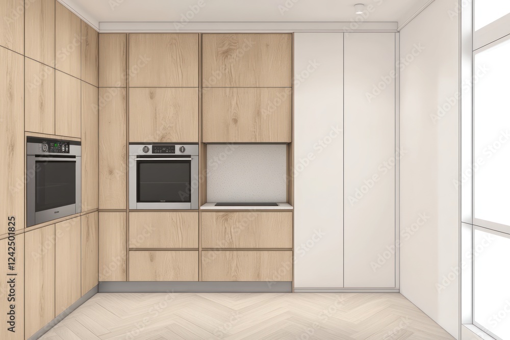 Fototapeta premium Modern kitchen, light wood cabinets, white appliances, herringbone floor, bright window