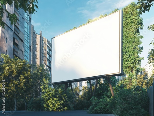 Wallpaper Mural Blank Billboard with Vines Adjacent to Modern Buildings and Foliage Under a Blue Sky in a Cityscape Torontodigital.ca