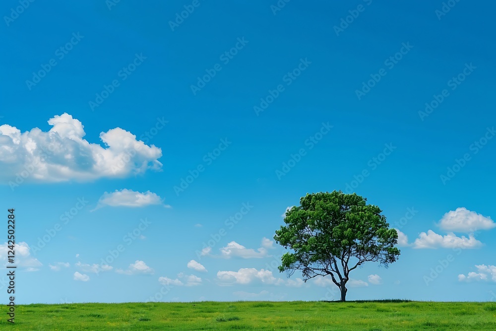 Obraz premium Tree on green meadow and blue sky with white clouds. Nature background