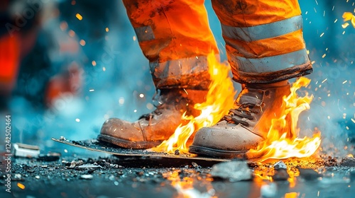Firefighter in protective uniform using fire blanket to smother and extinguish flames