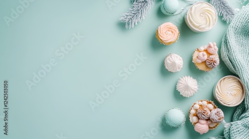 Family Gathering Concept: Decorative Elements Creative Activities and Yummy Desserts on Trendy Pastel Green Background