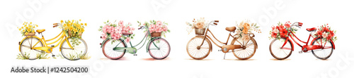 Watercolor bycicle with flowers. Clip art element. Transparent background. Concept for stories, cover book, print