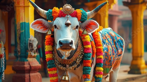 A vibrant Mattu Pongal scene featuring a cow dressed with colorful garlands, bells, and intricate patterns, set in a traditional Indian courtyard photo