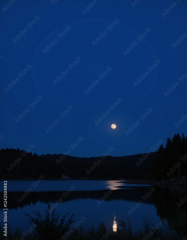 Fototapeta premium A bright moon reflects on the still waters of a secluded lake, surrounded by towering trees.