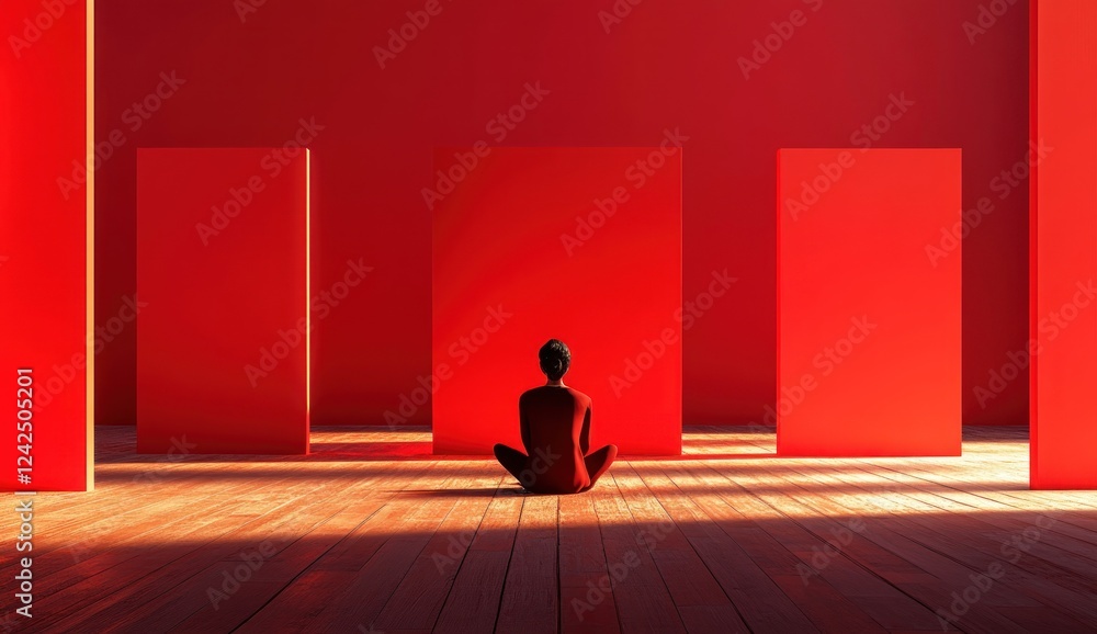 Obraz premium Red Room Contemplation: A Figure in Minimalist Setting