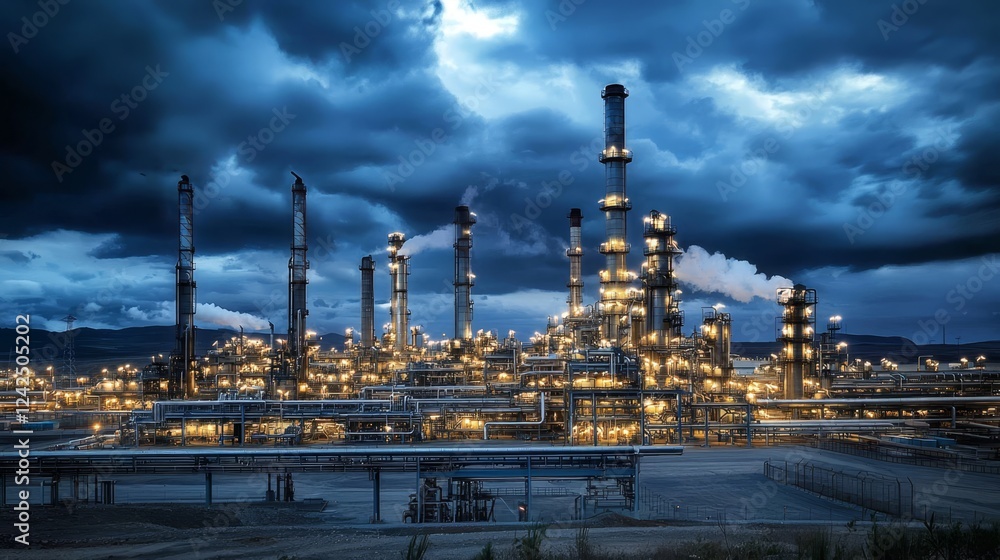 Fototapeta premium A striking image of a nighttime oil refinery surrounded by turbulent weather.