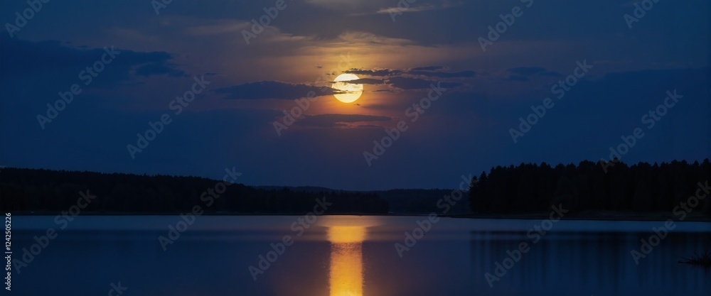 Naklejka premium A luminous moon reflects on the mirror-like waters of a forest lake, enhancing the night’s beauty.