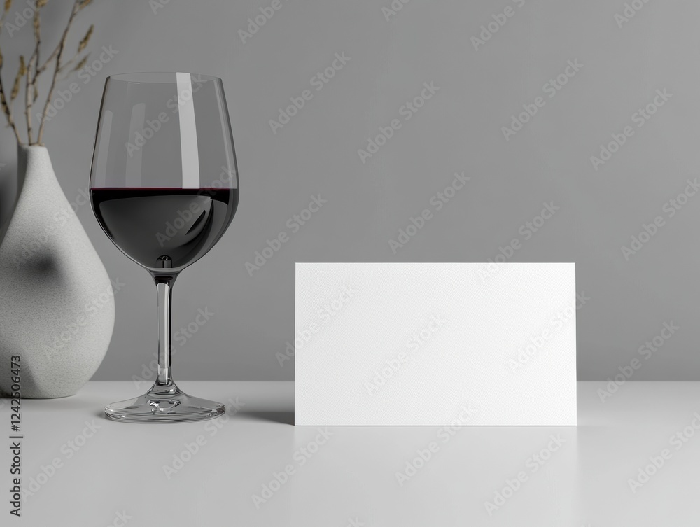 Elegant Wine Glass and Business Card Mockup on a White Surface with Minimalist Backdrop Setting