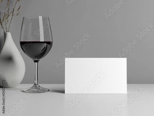 Obraz na płótnie Elegant Wine Glass and Business Card Mockup on a White Surface with Minimalist Backdrop Setting w salonie