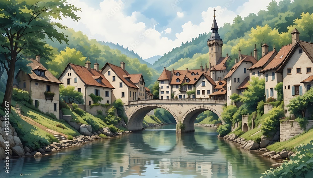 Fototapeta premium Picturesque European Village nestled in a verdant valley, charming stone houses, arched bridge over tranquil river, idyllic scenery, beautiful landscape art.