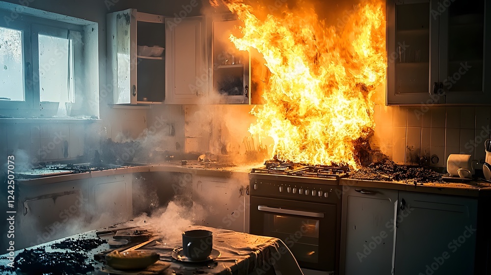 Intense kitchen fire rapidly spreading uncontrollably from an unattended stove engulfing the entire room in flames smoke and destruction Intense kitchen fire rapidly spreading uncontrollably from an unattended stove engulfing the entire room in flames smoke and destruction
