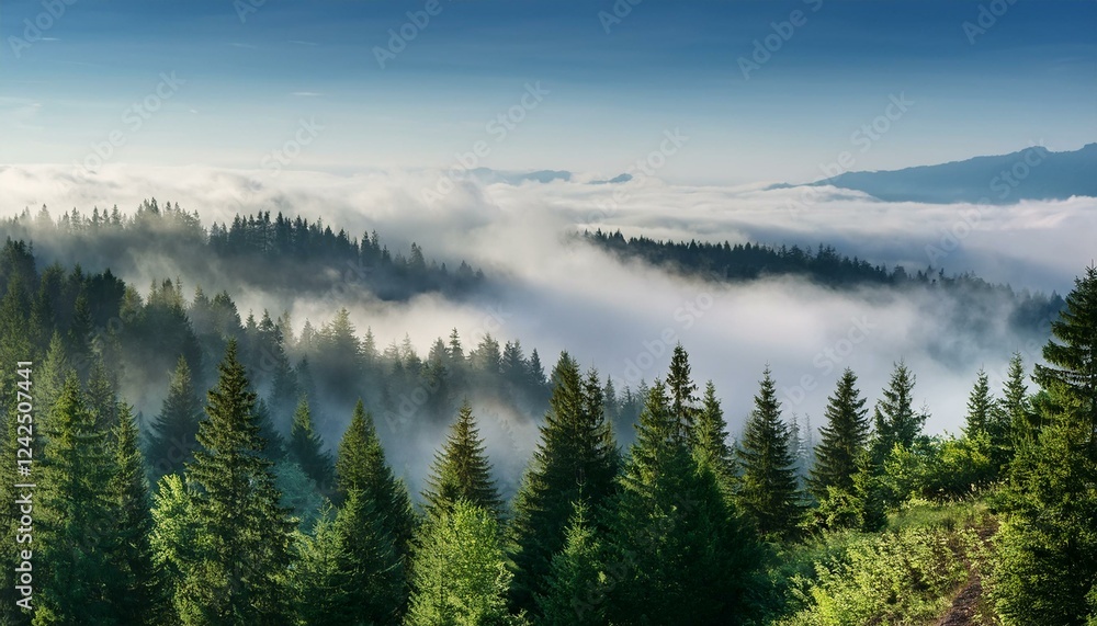 Fototapeta premium Morning mist over lake. Beautiful view ofer a foggy forest from hill