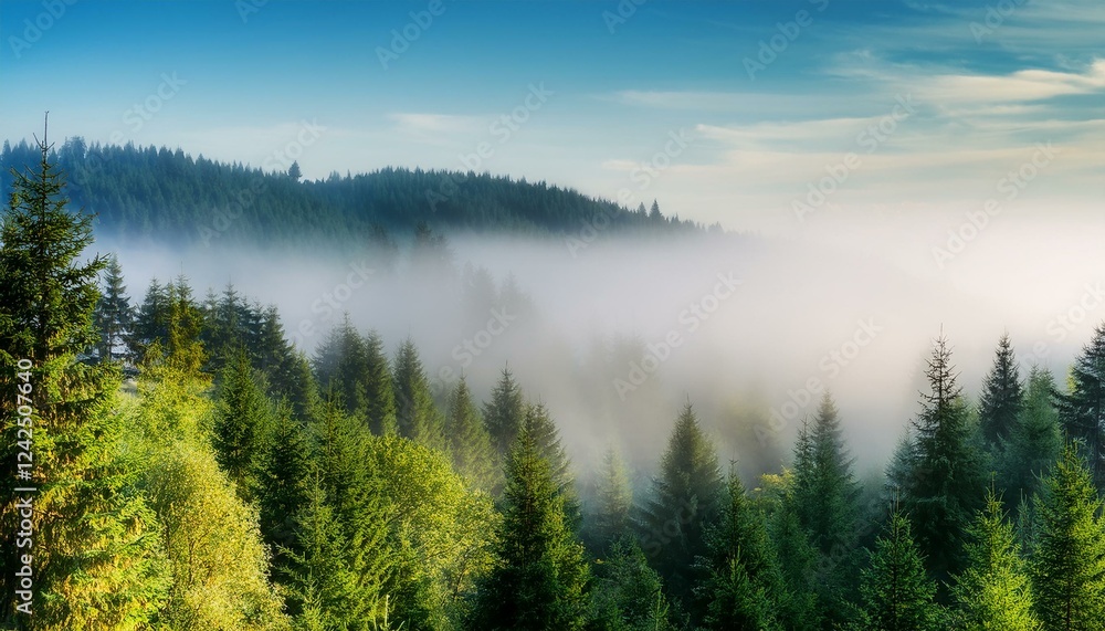 Fototapeta premium Morning mist over lake. Beautiful view ofer a foggy forest from hill 