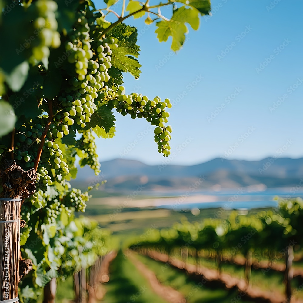 Fototapeta premium Green Grapes on Vine in Vineyard Landscape