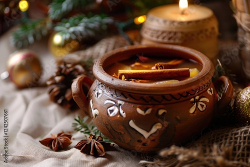 Warm Christmas Broth Infused with Cinnamon and Spices in Clay Pot photo