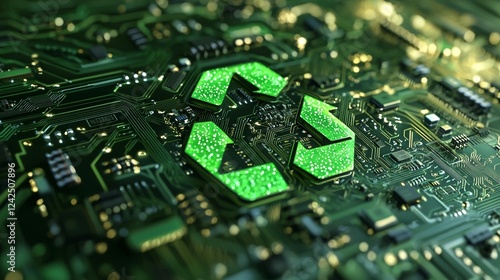 Green recycle symbol on circuit board; e-waste recycling; technology background; sustainable technology