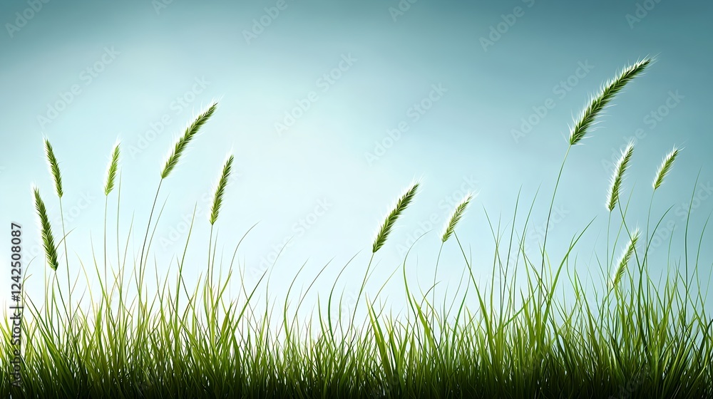 Fototapeta premium Green Grass Blades Blowing in Blue Sky