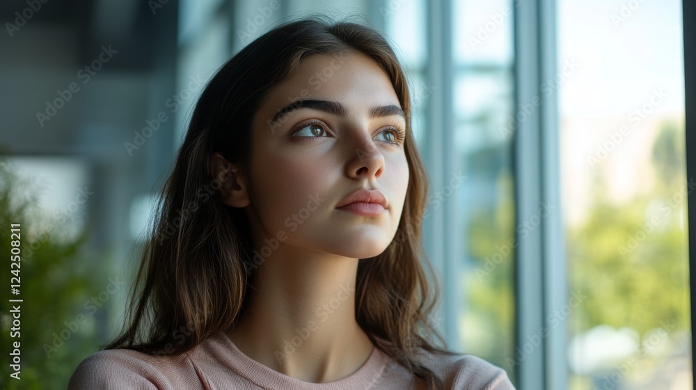 Introspective young woman gazing outward deep in thought with soft natural light Introspective young woman gazing outward deep in thought with soft natural light