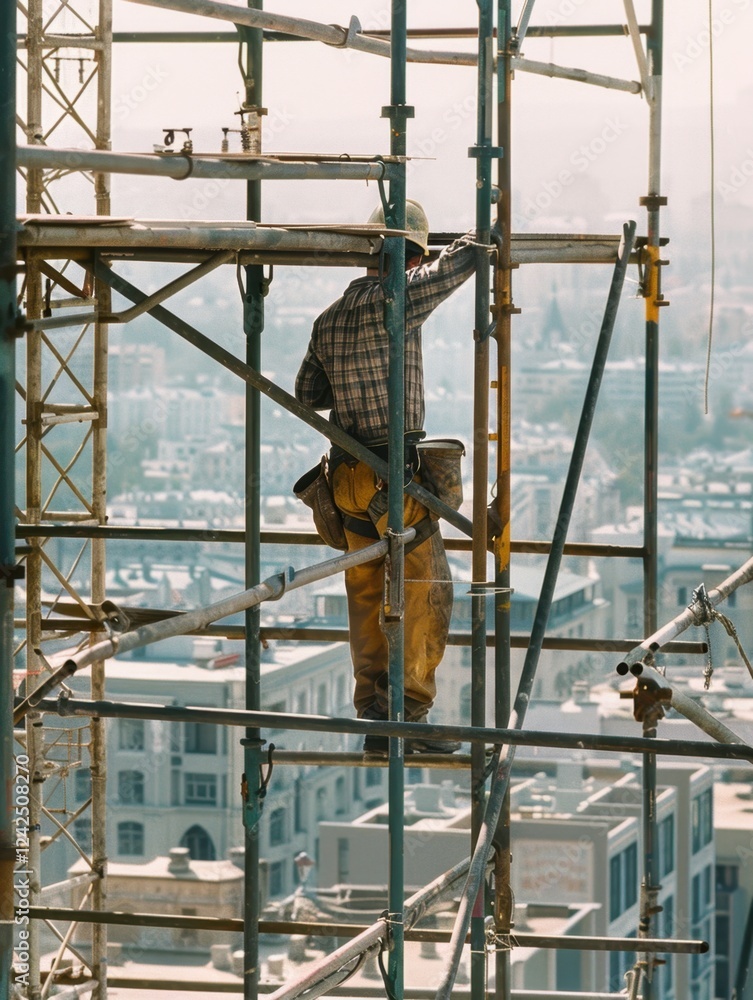 Fototapeta premium Construction worker on scaffolding focused on building in urban setting