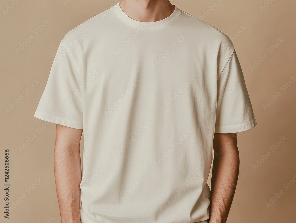Man Displaying Simple Neutral Cream T Shirt Apparel Mock Up for Design Presentation Fashion Concept