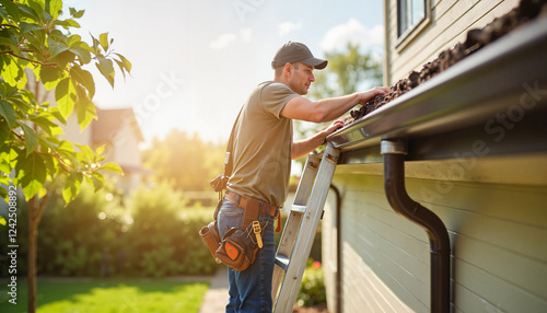 Wallpaper Mural A man standing on a ladder cleaning out house gutters during sunny weather, symbolizing seasonal home maintenance, care, and outdoor preparation
 Torontodigital.ca