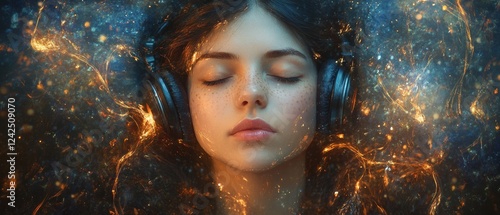 Listening to a specific genre of music artistic portrait in a mystical setting digital artwork close-up expressing various feelings and relaxation for creative inspiration photo