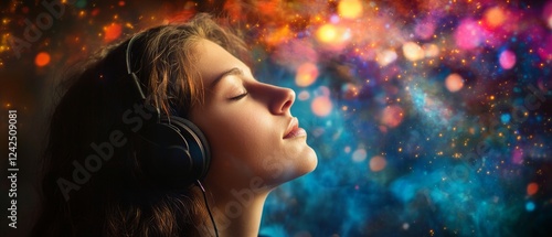 Listening to a specific genre of music artistic portrait in a mystical setting digital artwork close-up expressing various feelings and relaxation for creative inspiration photo