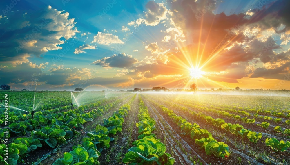 organic vegetable plantation field with big watering sprinkler at agriculture farm.