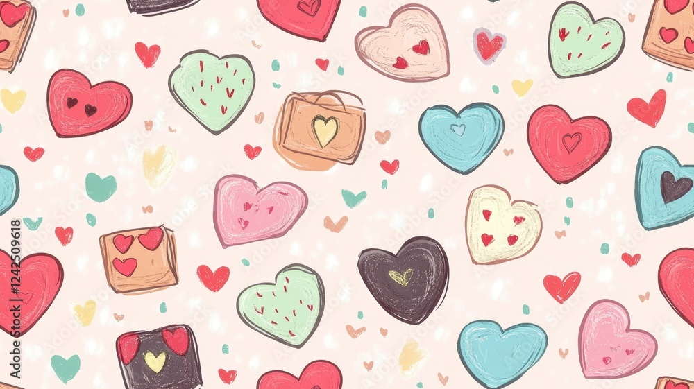 Sweet valentine chocolate sparkle seamless pattern. A colorful pattern featuring various heart shapes in pastel colors, ideal for romantic themes and celebrations. Sweet valentine chocolate sparkle seamless pattern. A colorful pattern featuring various heart shapes in pastel colors, ideal for romantic themes and celebrations.