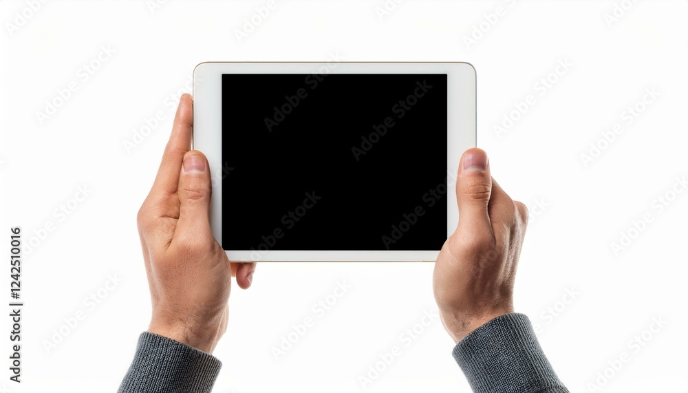 Hand holding digital tablet. Human hand holding tablet with blank display screen, isolated on white Hand holding digital tablet. Human hand holding tablet with blank display screen, isolated on white