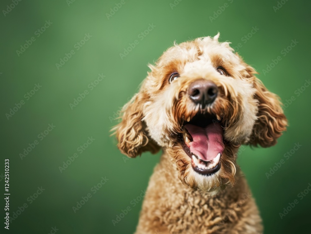 Fototapeta premium Joyful labradoodle dog posing against a vibrant green background