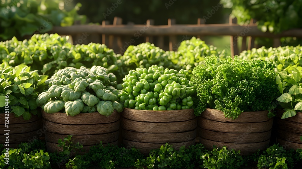 Green Herbs and Vegetables in Woven Baskets Green Herbs and Vegetables in Woven Baskets