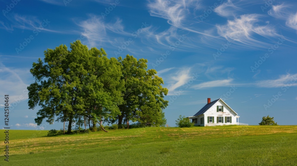 Charming Farmhouse Nestled Among Lush Fields and Trees Beneath Clear Sky Charming Farmhouse Nestled Among Lush Fields and Trees Beneath Clear Sky