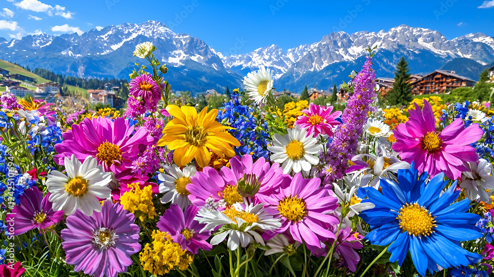 Obraz premium Vibrant wildflowers bloom in a sunny alpine meadow with snow-capped mountains under a clear blue sky.