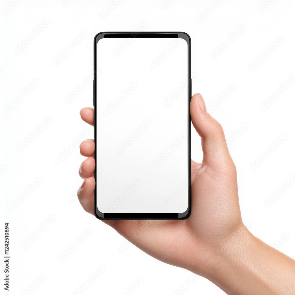 Mobile Device Displaying Blank White Screen Held in Hand Ready for Interface Template Mockup
