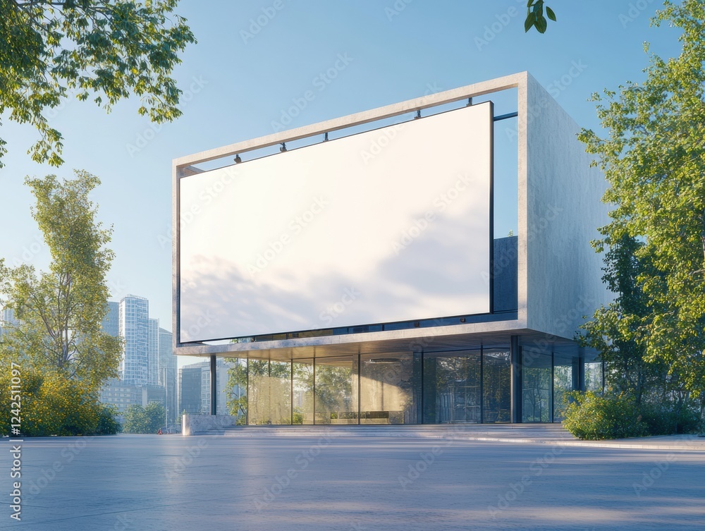 Modern Architecture Building with Large White Billboard Display for Advertisements in Urban Setting Modern Architecture Building with Large White Billboard Display for Advertisements in Urban Setting